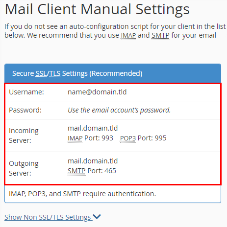The Mail Client Manual Settings area showing the SMTP, IMAP and POP3 values for secure connection